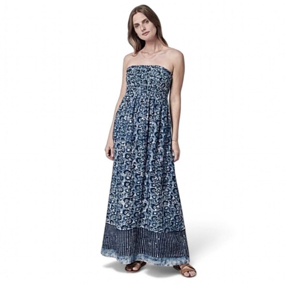 Faherty Indigo Strapless Maxi Dress with Smocked Bodice & Boho Print XS Pockets